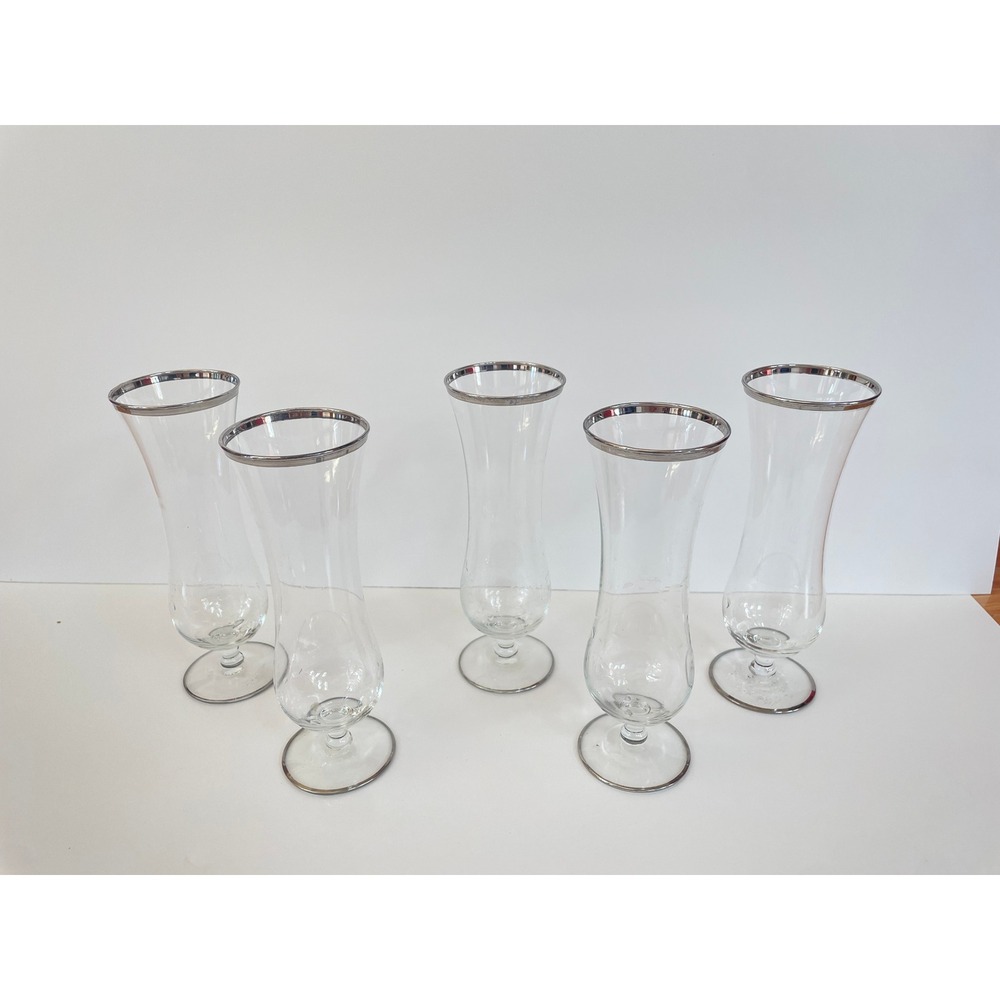 Vintage Hurricane Champagne‎ Cocktail Glass Silver Rim Stemmed Barware Set of 5
